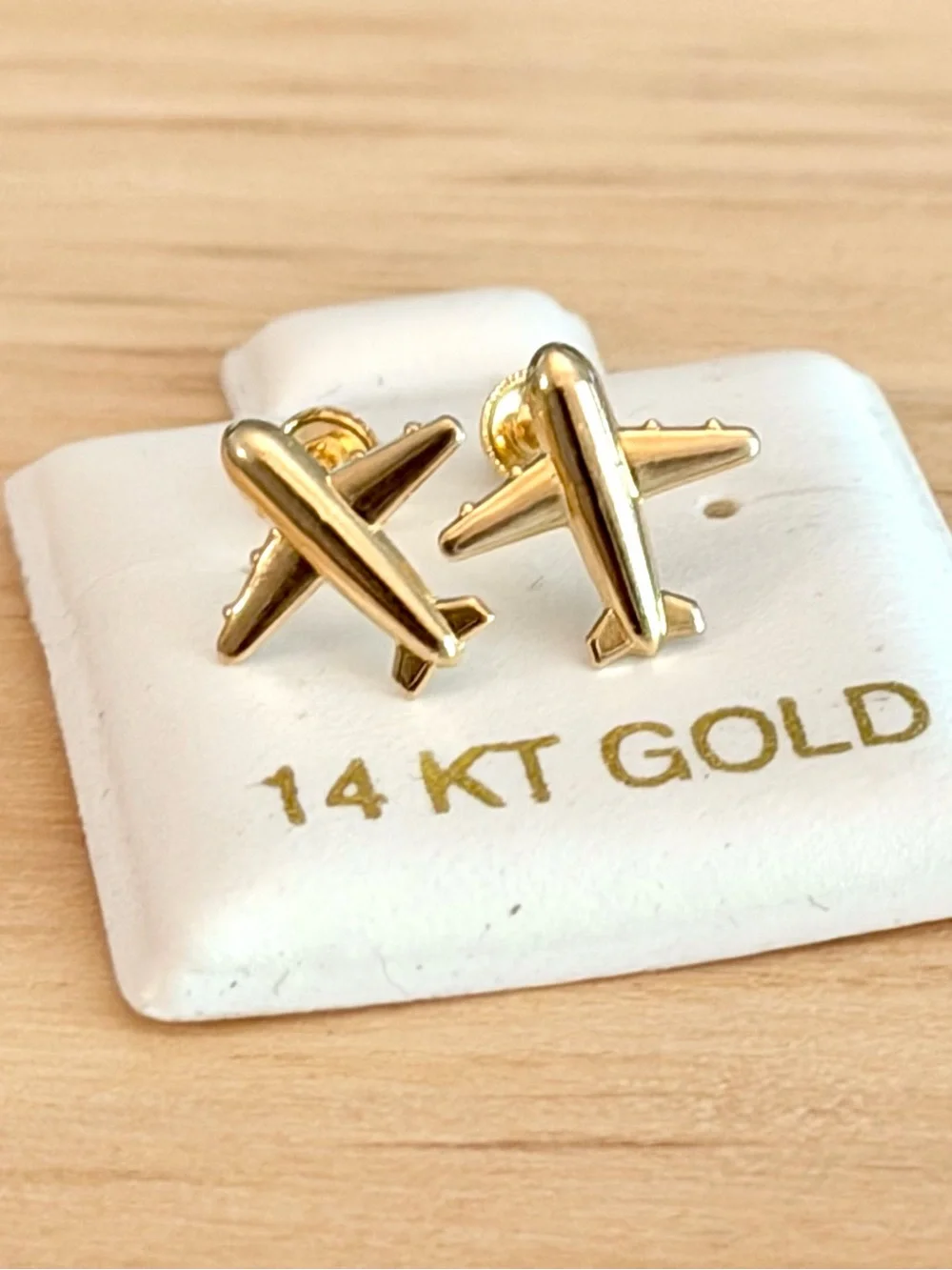 14K Solid Gold Airplane Earring With Screw Back Bell Backing Ball